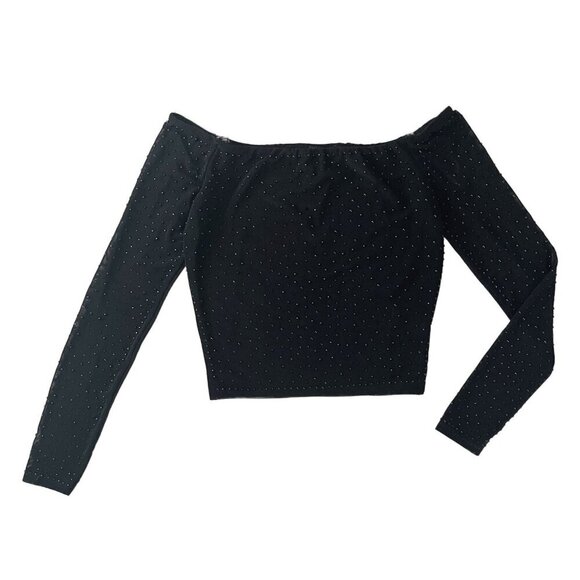 Windsor Black Rhinestones Off-the-Shoulder Long Sleeve Crop Top | Size S - Picture 2 of 6
